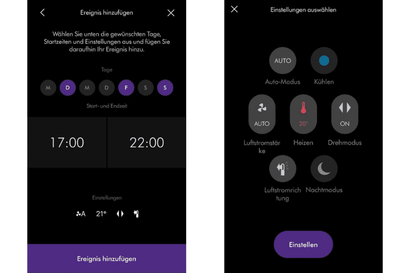 Das Programm mit Wochentag, Uhrzeit und Funktion in der Dyson Link App, sowie die einfache Timerfunktion.